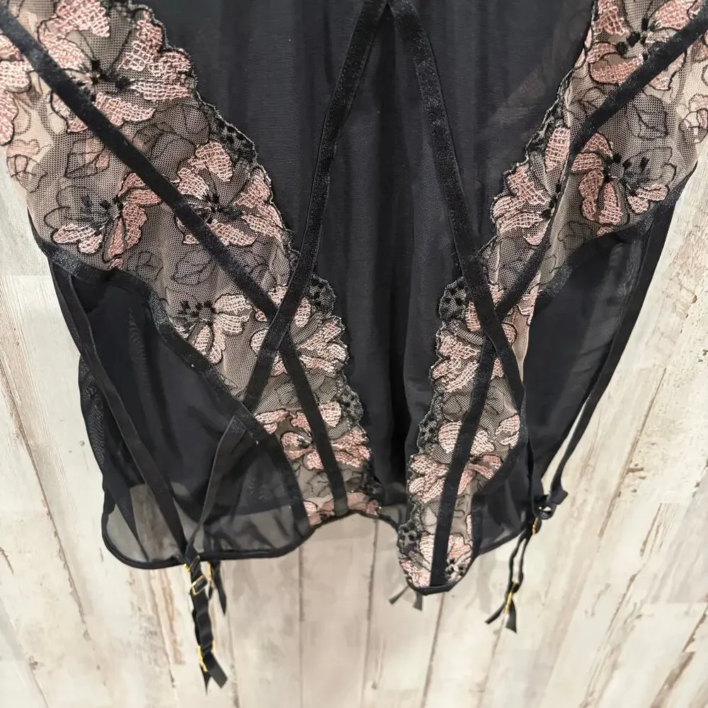 House of Desire Nova Blacklight Lace Chemise In Black  Floral Lingerie Large - Picture 3 of 9